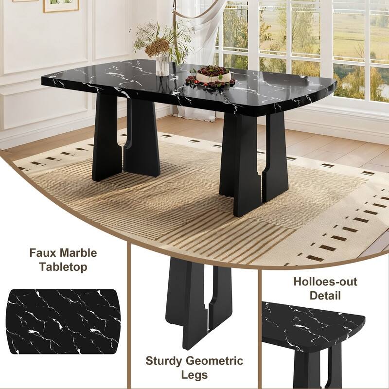 6 Piece Modern Dining Table Set, 63" Faux Marble Dining Table and 4 Upholstered Tufted Dining Chairs