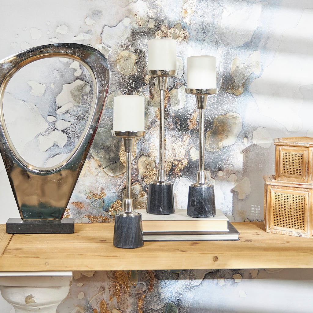 Silver Aluminum Slim Geometric Candle Holder with Black Marble Base (Set of 3)