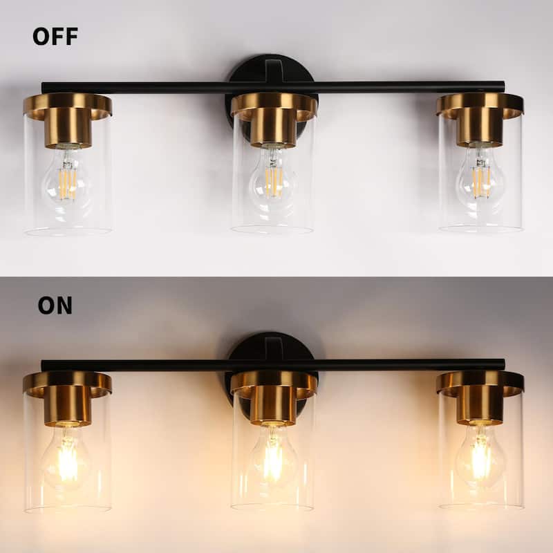 Modern 3-Light Black Gold Wall Sconces Cylinder Clear Glass Vanity Light for Bathroom - 23.6" L x 6.3" W x 9.4" H