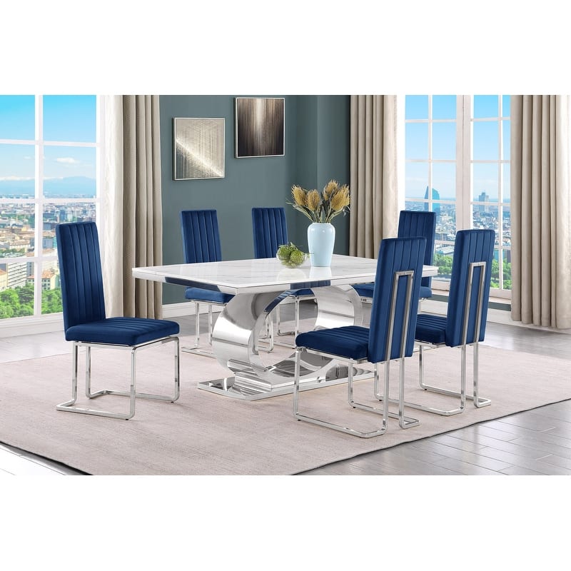 Best Quality Furniture D430/1-SC340-7 Dining Set with 68" White Marble Top - 7-Piece - Navy Blue / Silver