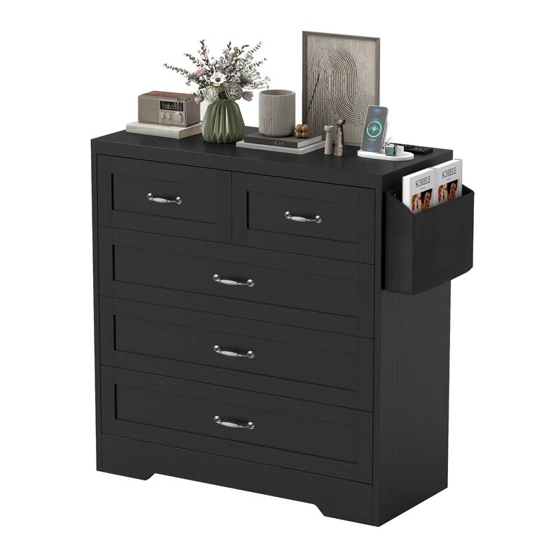 Vintage Double Dresser Chest of Drawers with Charging Station and Side Organizer Bag - Black - 5-drawer