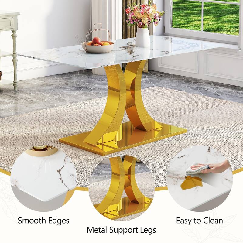 5-Piece Marble Pattern Tempered Glass Dining Set, 63-Inch Table with 4 Minimalist Chairs, Modern Style