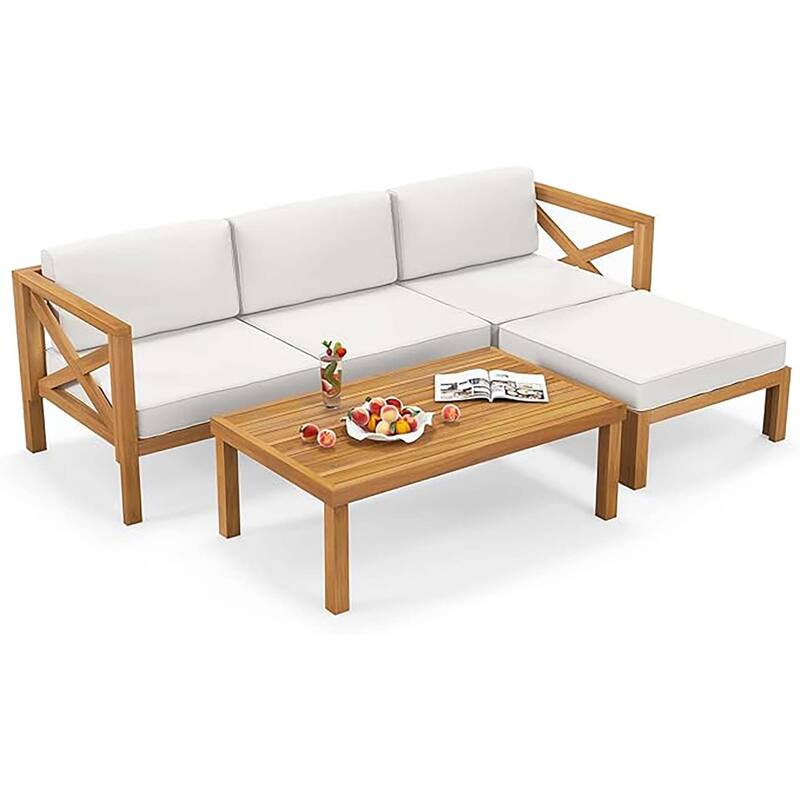 5 PCS Outdoor Conversation Set w/ Chairs Ottoman & Coffee Table - Beige