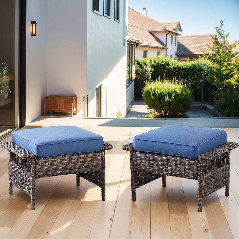 2 Piece Outdoor Wicker Ottomans - Brown - Blue