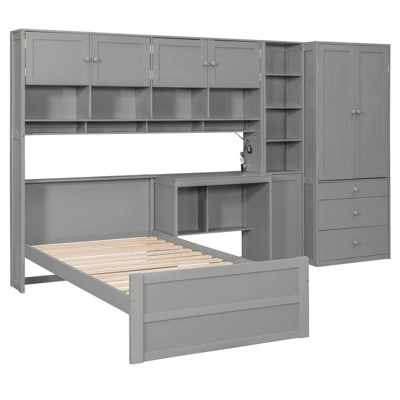 Twin Size Wood Platform Bed with Built-in Desk, Wardrobe, Cabinets & Drawers
