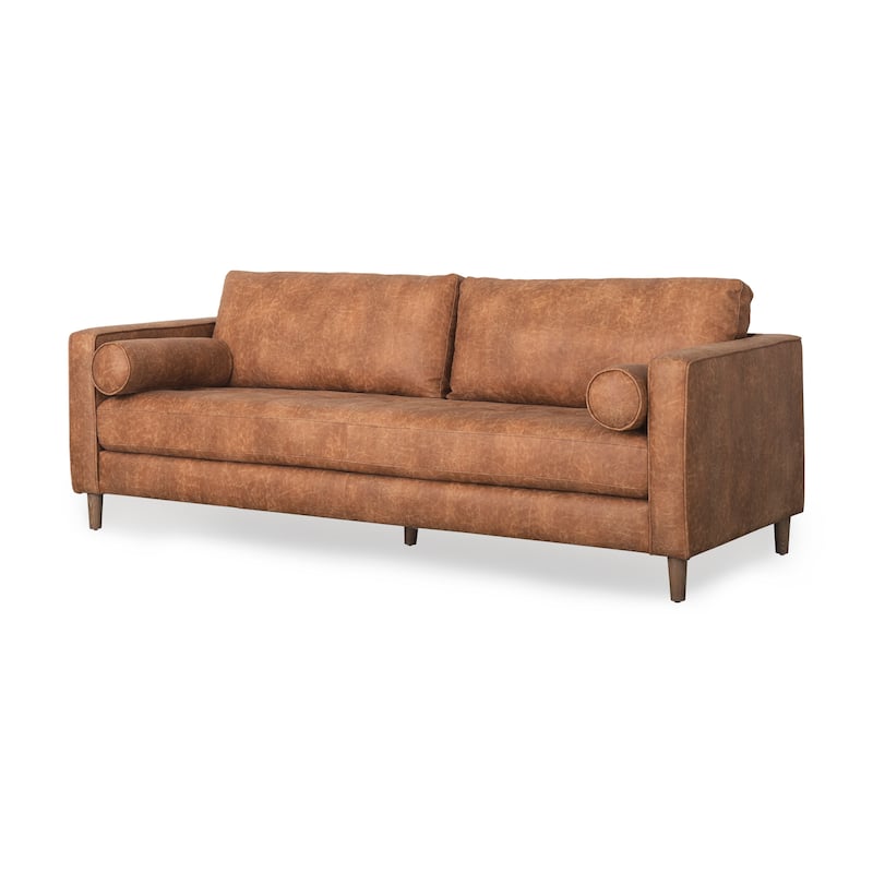 Loretta Cognac Brown Faux Leather Three Seater Sofa w/ Bolster Cushions - 87.9"W x 36.2"D x 33.8"H - 87.9"W x 36.2"D x 33.8"H - Brown