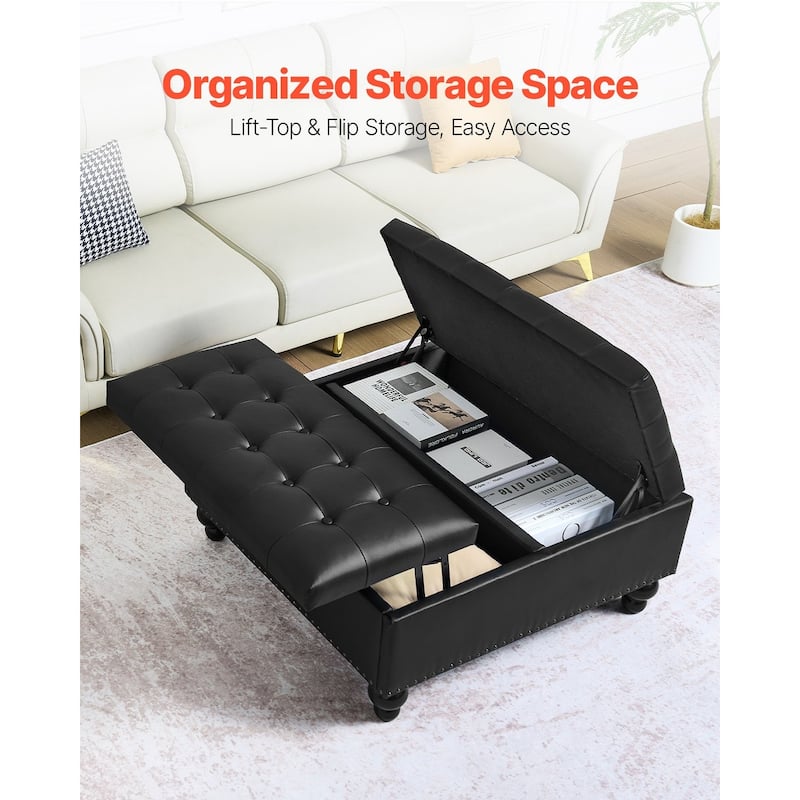 Black Leather Square Storage Ottoman with Lift Top Tufted Coffee Table Bench and Wooden Frame