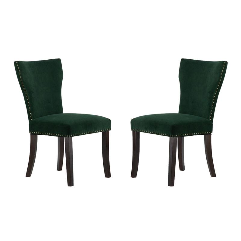 Velvet Armless Nail Head Wooden Dining Chairs 37" Green and Brown 2Ct