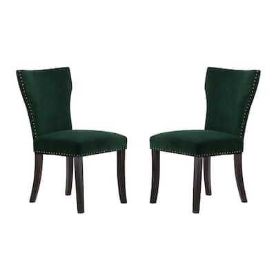 Velvet Armless Nail Head Wooden Dining Chairs 37" Green and Brown 2Ct