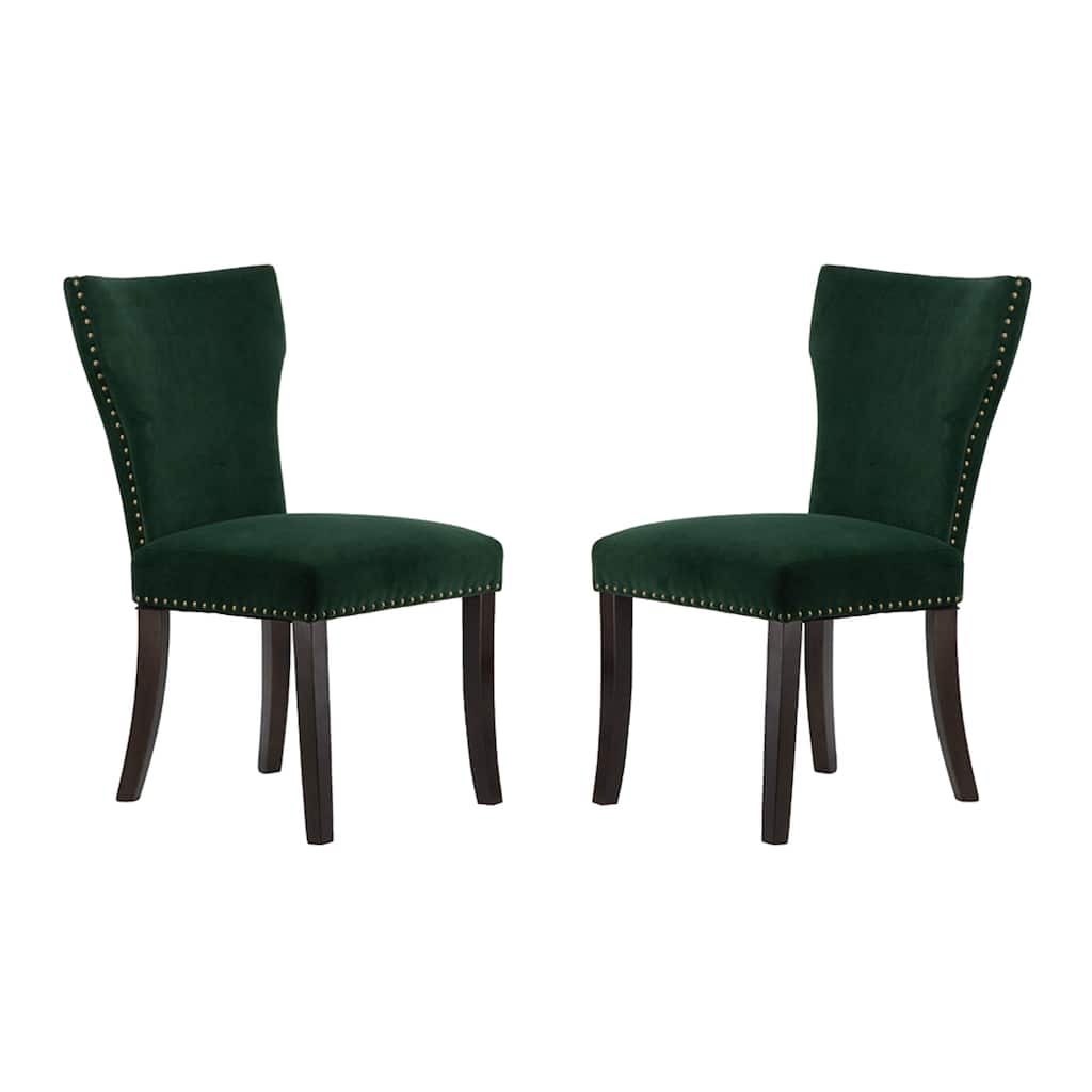 Velvet Armless Nail Head Wooden Dining Chairs 37" Green and Brown 2Ct