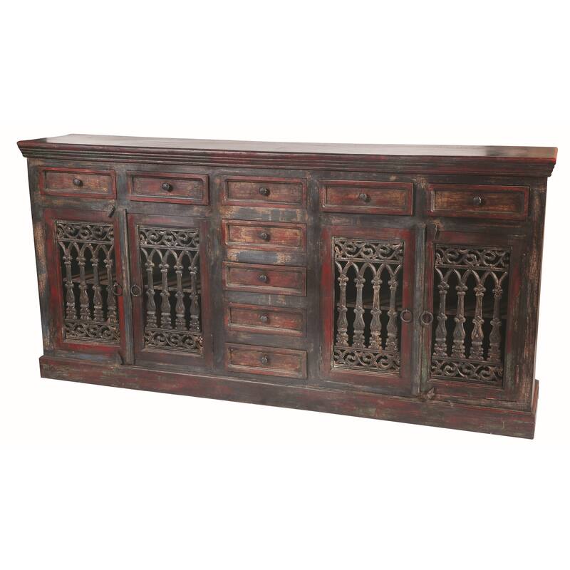 HomeRoots 90" Brown Solid Wood Nine Drawer Buffet Table with Four Doors - 90.00 in. x 44.00 in. x 16.00 in.