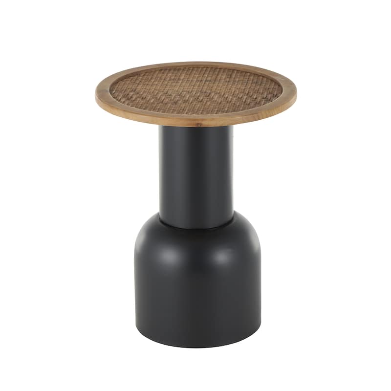 Metal Handmade Pedestal Accent Table with Brown Rattan Tabletop - Black - Roche River Decor