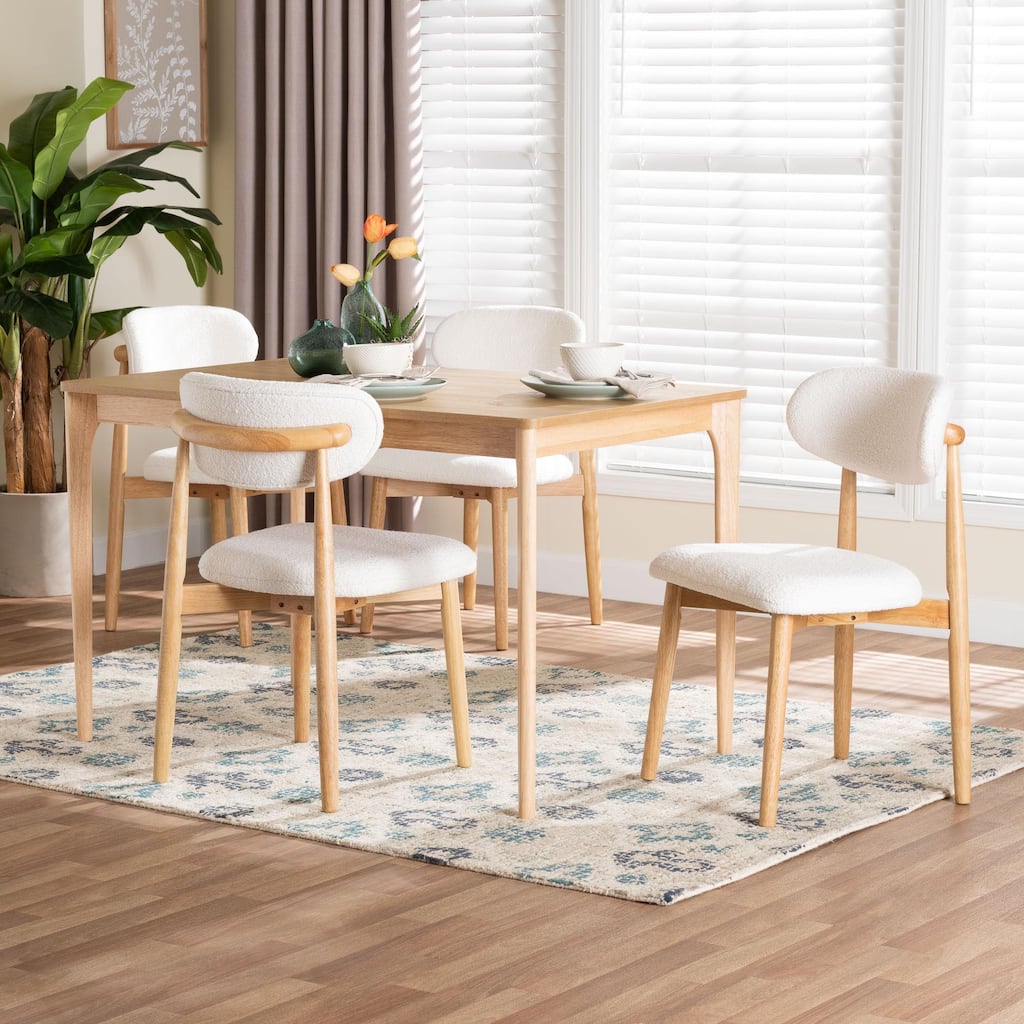Wattsu 5-Piece Dining Set - Solid Wood Table with Boucle Upholstered Chairs, Mid-Century Modern Dining Furniture