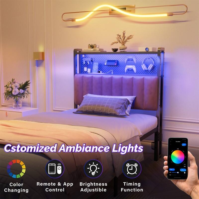 Adjustable Upholstered Headboard with 2 Tier Shelves with Charging Stations and LED Lights, Modern Bed Headboard with Storage