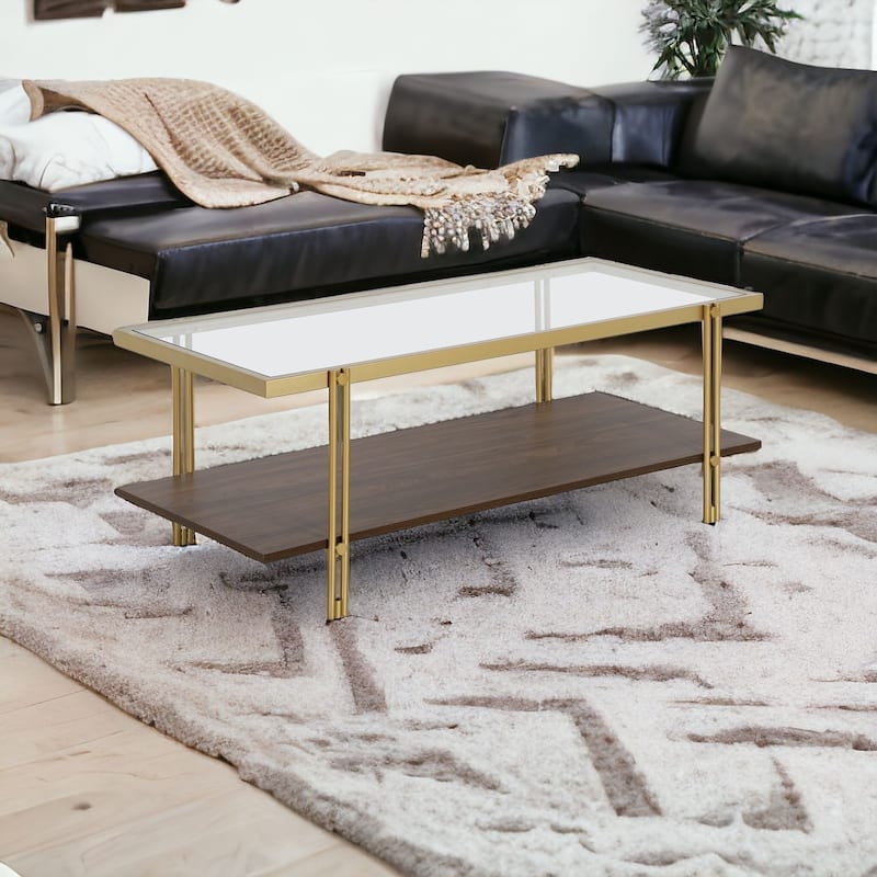 Stylish 45" Coffee Table with Brown Glass Top Gold Steel Legs and Storage Shelf for Living Room - 45"L x 20"W x 17"H