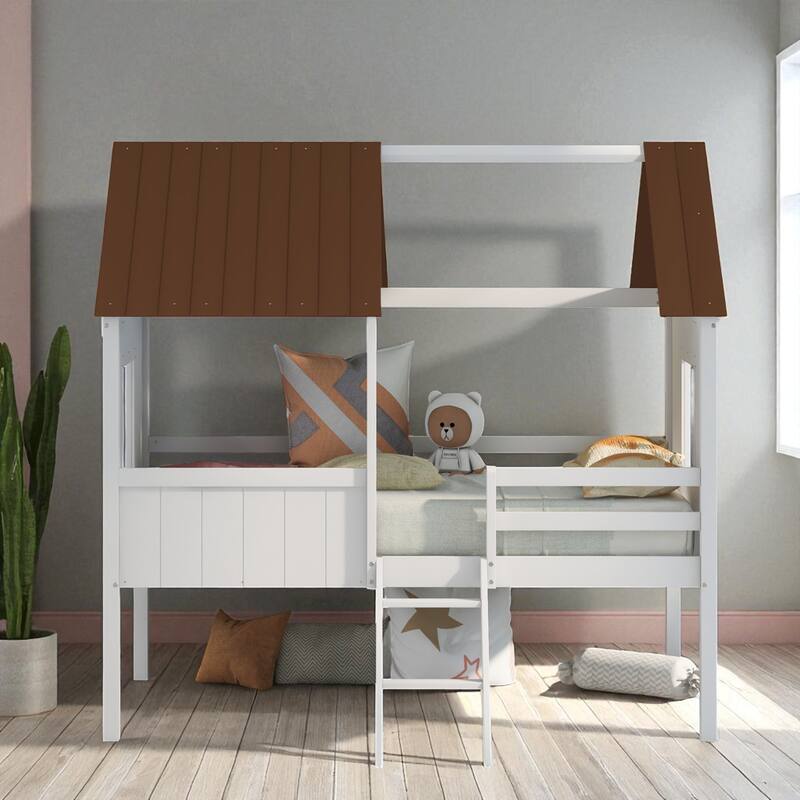 Twin Size House Bed with Roof and Side Windows, Low Loft Wooden Frame for Kids, No Box Spring Needed - White Brown - Twin