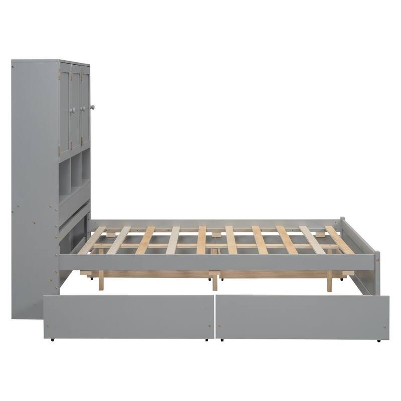 Wood Platform Bed with Storage Headboard and 4 Drawers