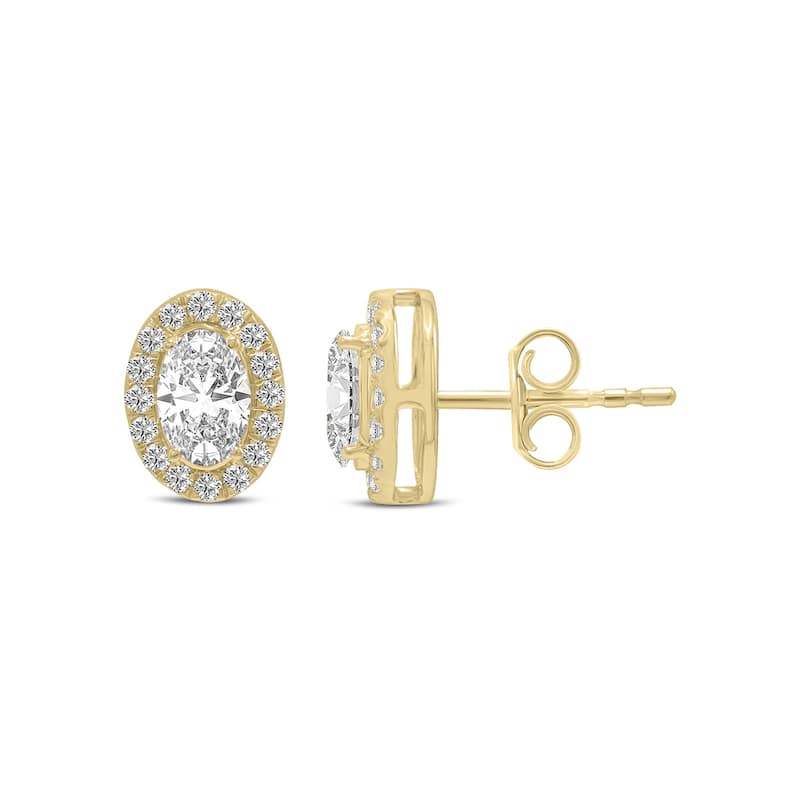 Marquee 1 Carat TW Oval Shape Lab Grown Diamond Halo Earrings in 14K Yellow Gold