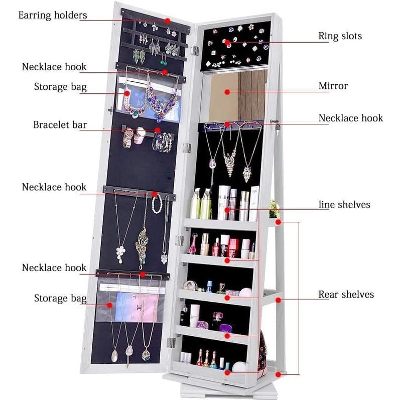 360 Degree Rotatable Jewelry Cabinet with Full-Length Mirror