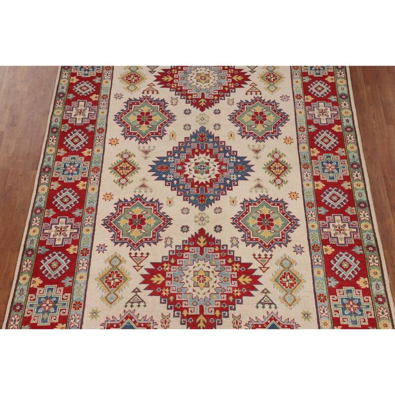 Beige / Ivory Traditional Kazak Oriental Area Rug Handmade Wool Carpet - 6'7" x 9'10"