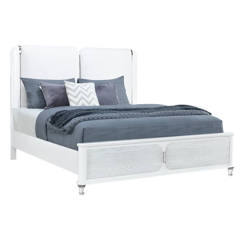 HomeRoots Gray and White Wood And Upholstery Lighted Queen Bed Frame