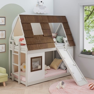 Wood Twin Size House Bunk Bed with Window Roof Shape Design with Ladder ...