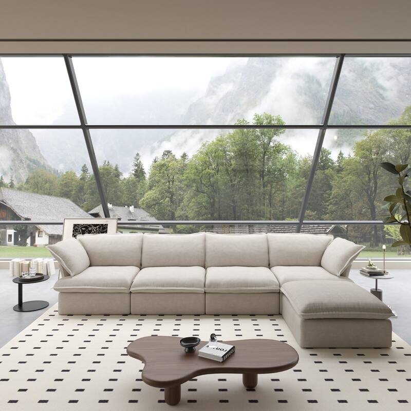 L Shape Modular Sectional Sofa 5 Seats with Chaise Ottoman - Beige