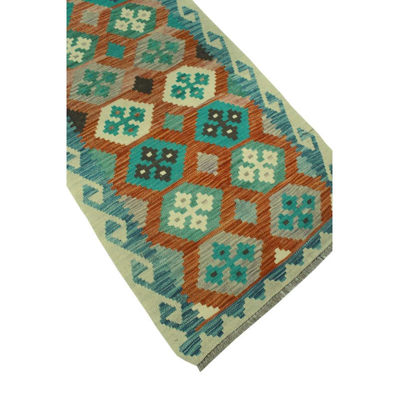 Hand-Woven Sun Faded Kilim Arif Ivory/Blue Runner - 2'6" x 9'7"