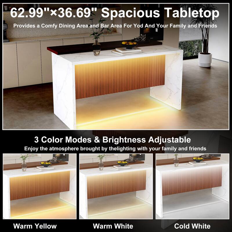 63" Kitchen Island with Marble Look Surface, LED Lights & Grille Design