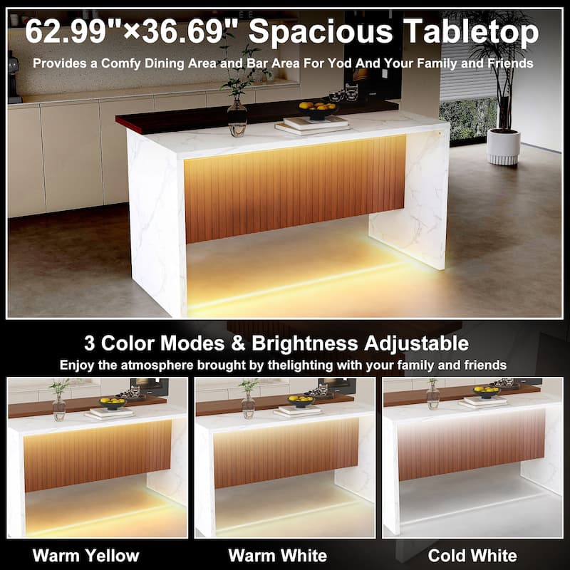 63" Modern Kitchen Island with Marble-Look Surface, LED Lights & Grille Design for Dining Room, Living Room