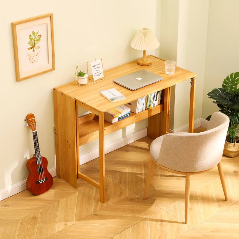 Bamboo Folding Desk for Small Spaces, Space-Saving Computer Table for Home Office & Dorm
