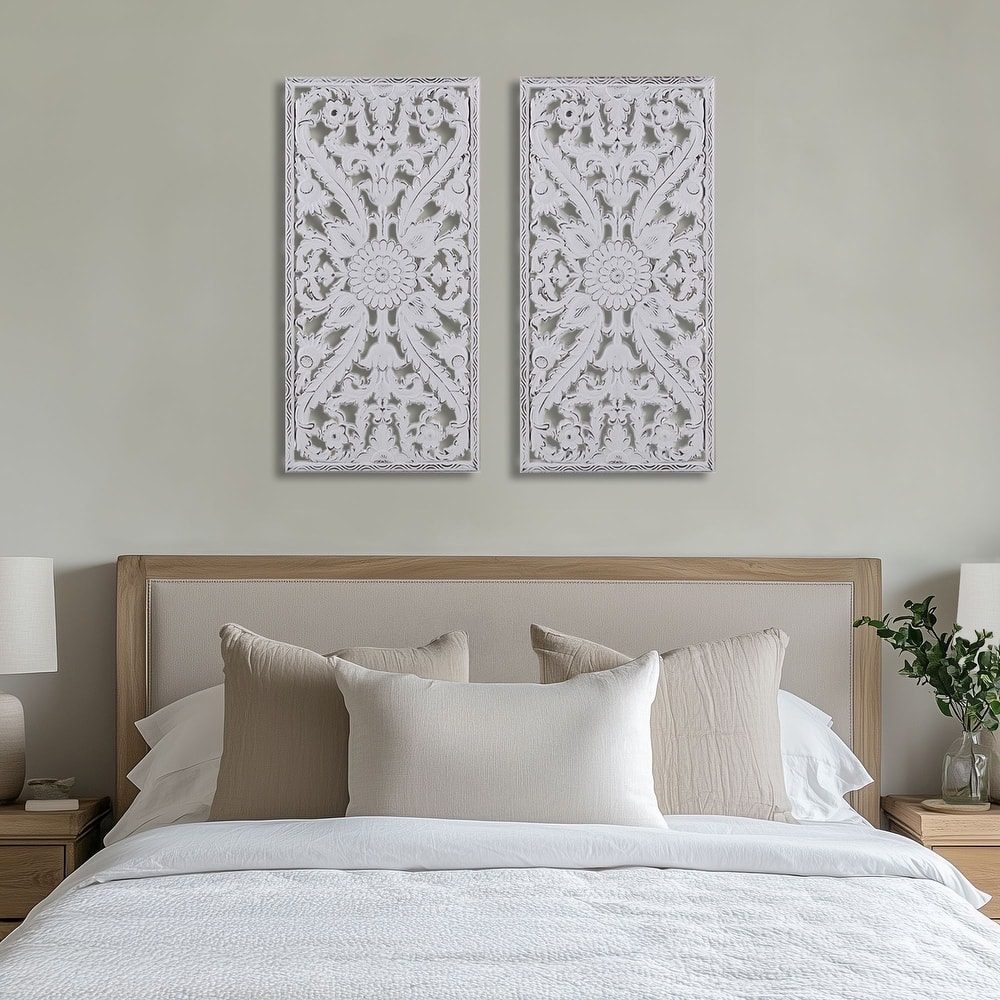 Madison Park Botanical Panel Distressed Carved Wood Wall Decor (Set of 2)