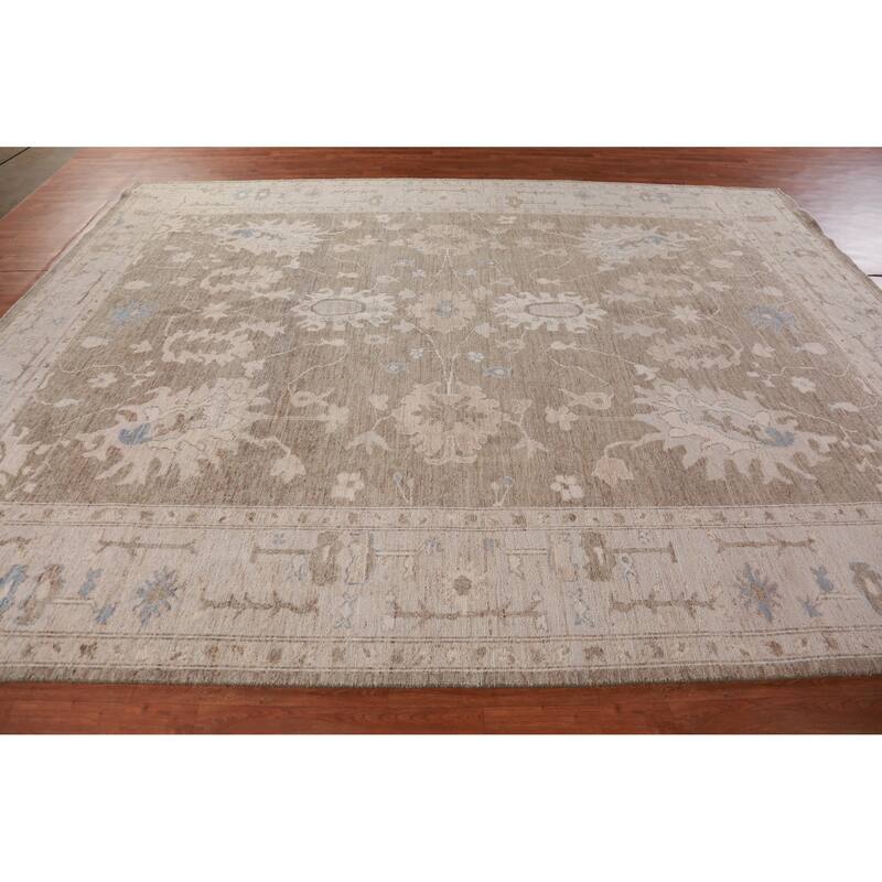 Hand Knotted Oriental 100% Wool Carpet Transitional Floral Brown Oushak Area Rug - 12' 0'' X 9' 4''