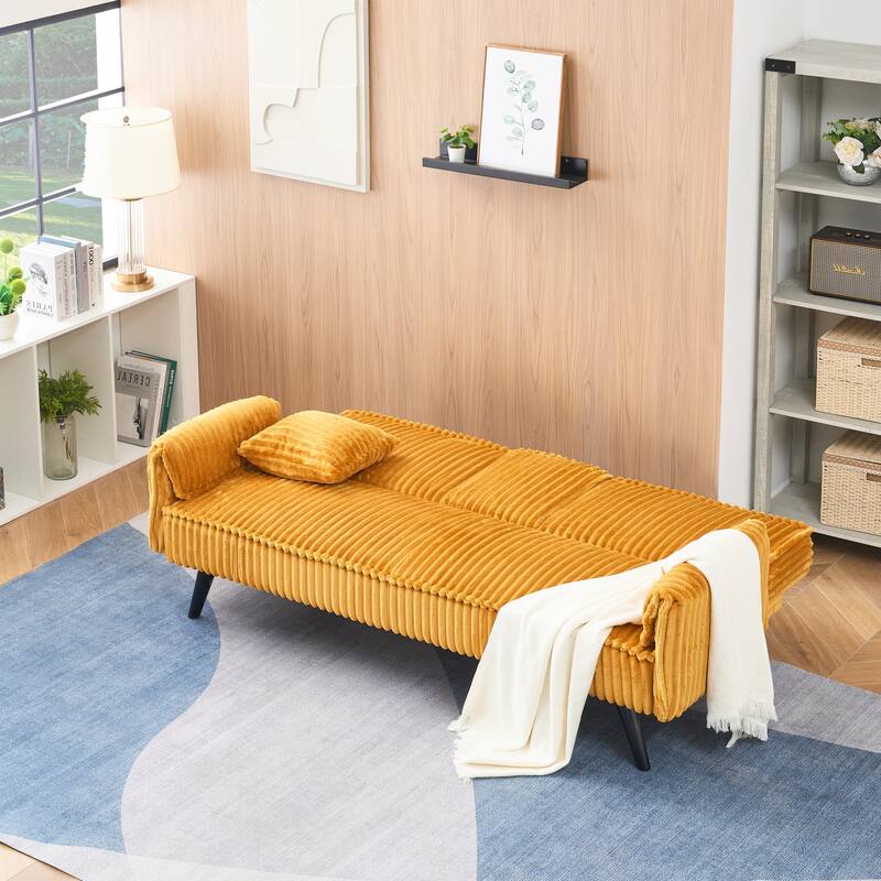 Orange Corduroy Sofa with Adjustable Backrest and Cup Holder