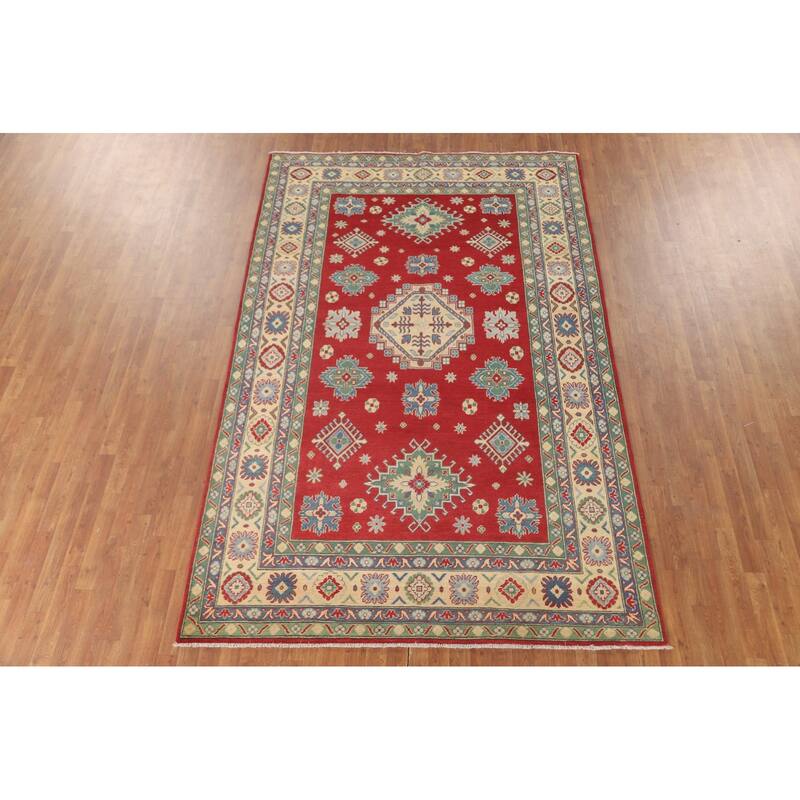 Geometric Red Kazak Area Rug Hand-Knotted Oriental Wool Carpet - 6'8" x 10'2"