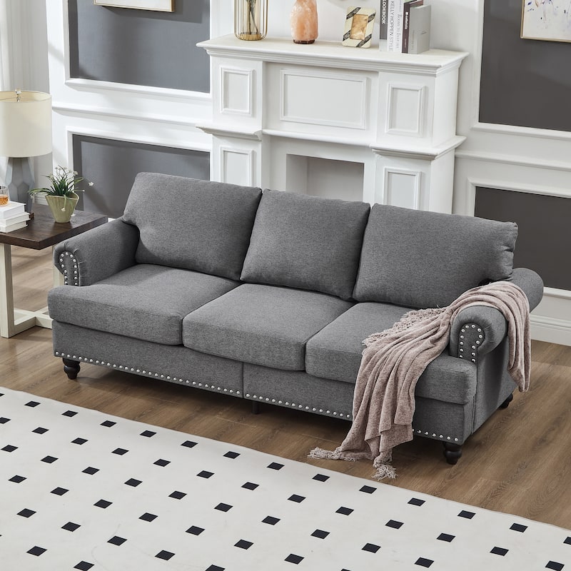 83" Classic Tufted Sofa - 3-Seater Fabric Couch with Nailhead Trim, Polyester Upholstery & Solid Wood Frame for Living Room - Grey