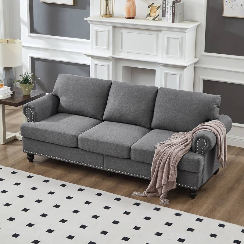 83" Modern Classic Design With Nails Sofa Leather Couch,Upholstered Imitation Cowhide Leather - Grey