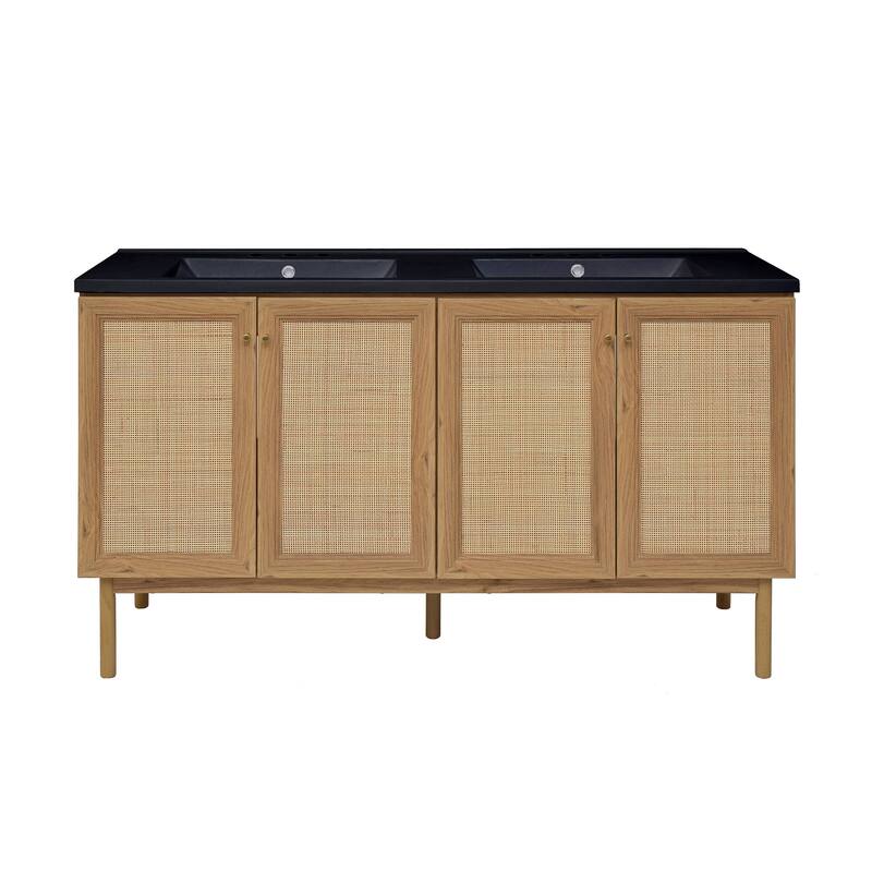 Classe 60 In. Brown Oak, Double Basin Bathroom Vanity With Black, 3-Hole Artificial Stone Sink Top