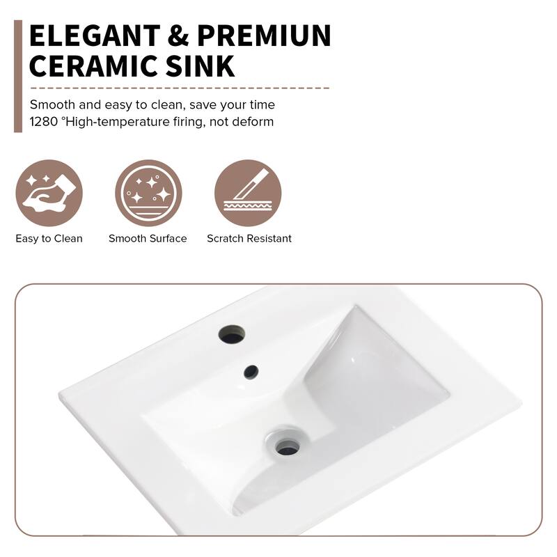 Durable White Ceramic Bathroom Vanity with Two Drawers, Scratch-Resistant Surface - 24in L
