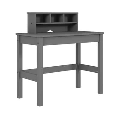 Grey Wood Rectangular Writing Desk with Hutch and Cable Management