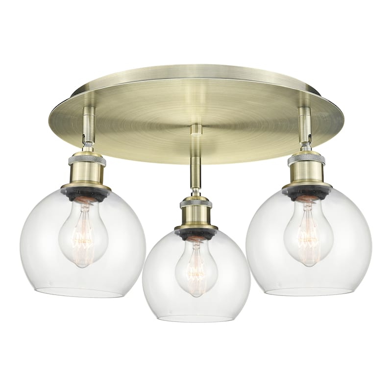 Innovations Lighting Athens - 3 Light 18" Flush Mount - Antique Brass/Clear