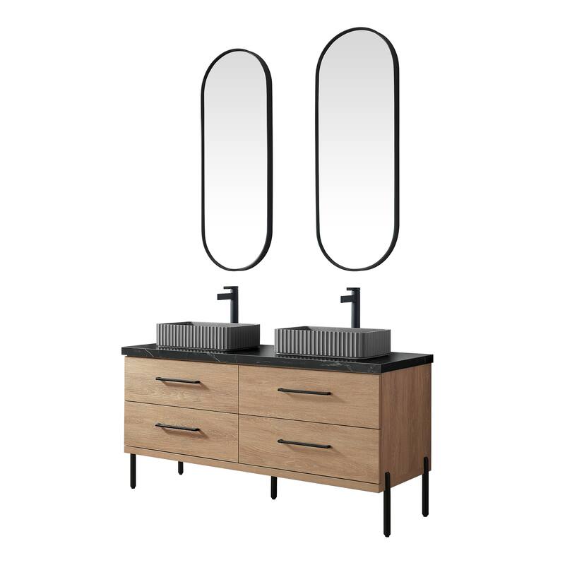Trento Bath Vanity, Sintered Stone Top with Concrete Sink & Mirror - 60in. - North American Oak(Rectangular Sink)