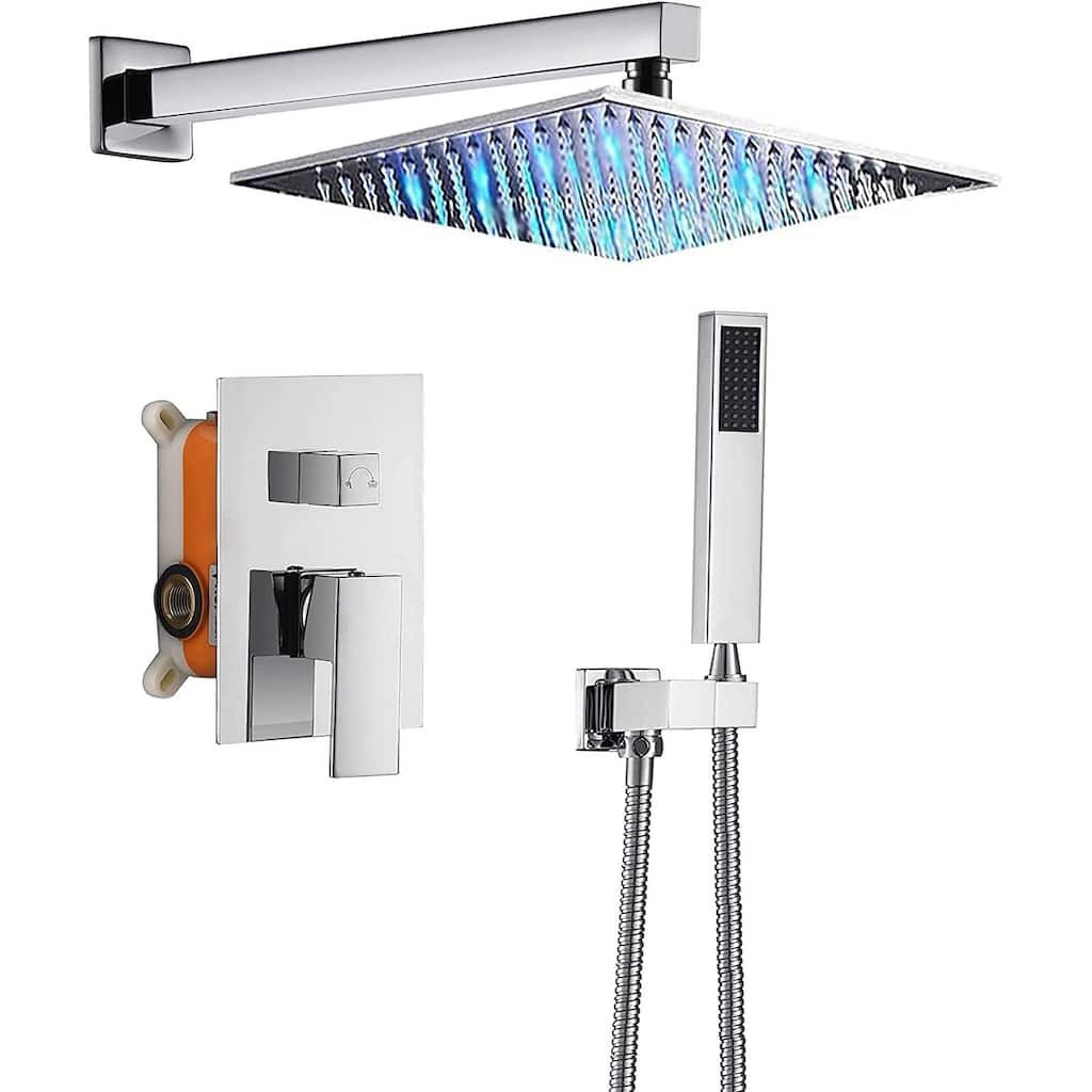 chrome wall mount 12 inch 3 LED light rain head 2 way shower faucet with handle sprayer - 7'6" x 10'9"