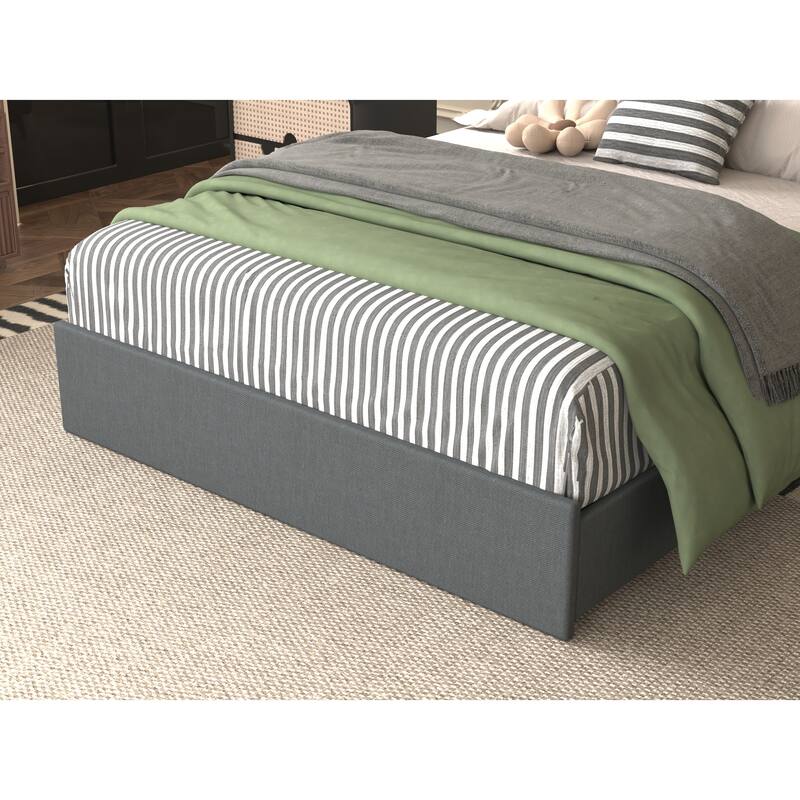Platform Storage Bed Frame with 4 Underbed Drawers/Headboard with 2 Shelves/LED Light/Charging Station/Noise Free - Black Gray