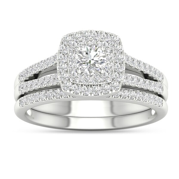 De Couer IGI Certified 10k White Gold 3/4ct TDW Diamond Double Halo Engagement Ring Set. Opens flyout.