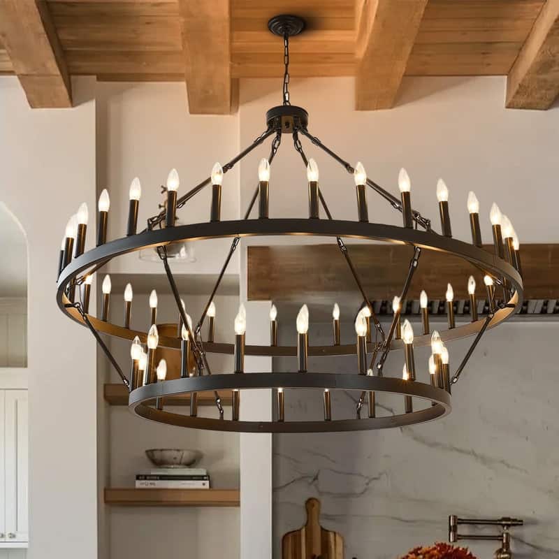 Large Round Classic Chandeliers Modern Farmhouse Chandelier Black Light Fixture - 54Light-60in