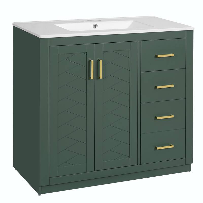 Freestanding 36'' Bathroom Vanity with Ceramic Sink, 3 Drawers, Soft Closing Doors & Solid Wood Frame