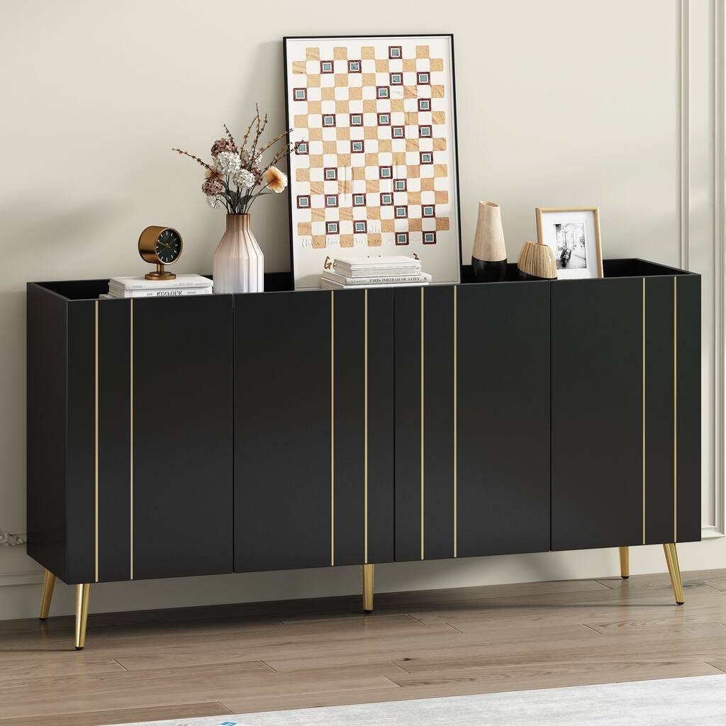 Black 62.9" TV Stand Cabinet with 5 Metal Legs, 4 Adjustable Shelves and Gold Lines Doors for TVs Up to 70"