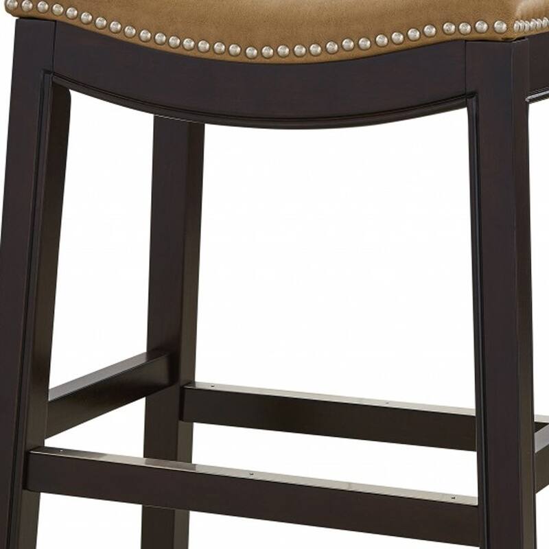 Linen Saddle Seat Bar Stool with Nail Head Trim and Footrest