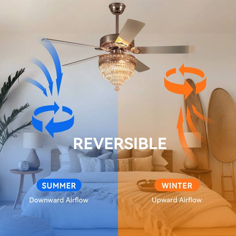 52 Inches Crystal Ceiling Fan Light,Chandelier,APP and Remote Control,5 Dual Side Plywood Blades,Reversible AC Motor - 52 Inches